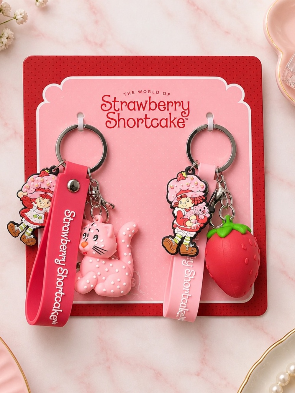 Strawberry Shortcake Keychain Set Pink Kitty & Strawberry Charms 🍓